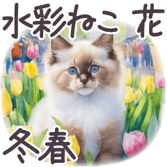 冬春 応援 水彩 ねことお花✿大人上品お花
