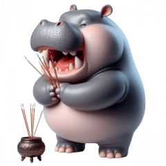 短足のカバがお香を焚いてお祈りする