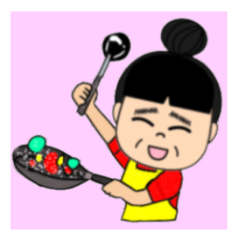 赤い服を着た元気なお母さん